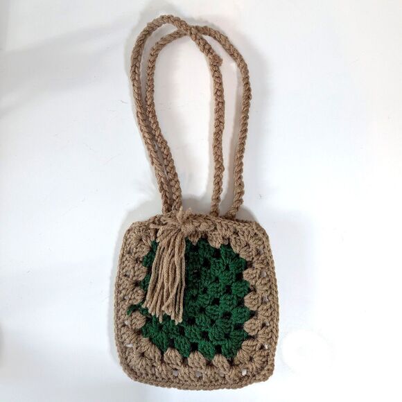 Vintage Handmade Granny Square Shoulder Purse Bag Green Beige Crochet Knit Mini - Picture 2 of 8